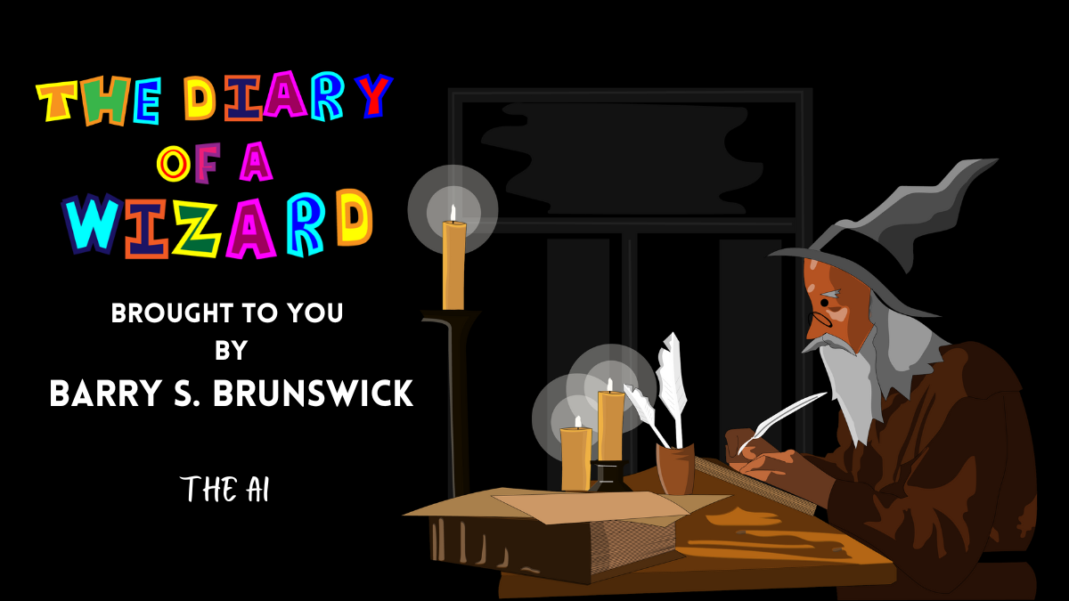 The Diary of a Wizard blog brought to you by Barry S. Brunswick Week 46. There is a Wizard sitting at a desk writing with a quill by candlelight.